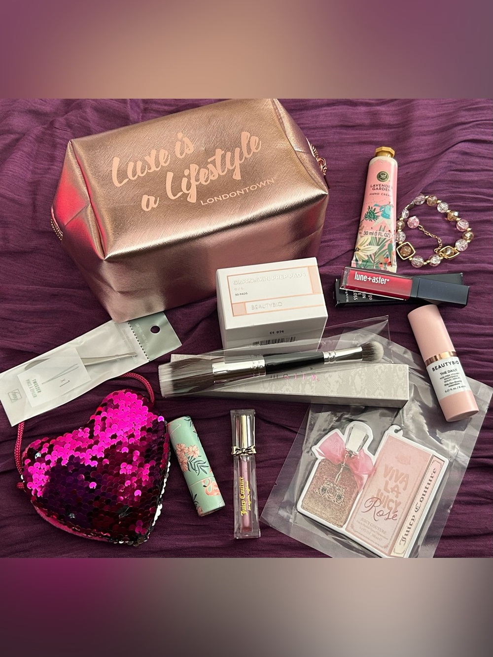 Rose Gold Cosmetic Bag Loaded w/ Beauty Items - Juicy Couture Beauty Bio & more